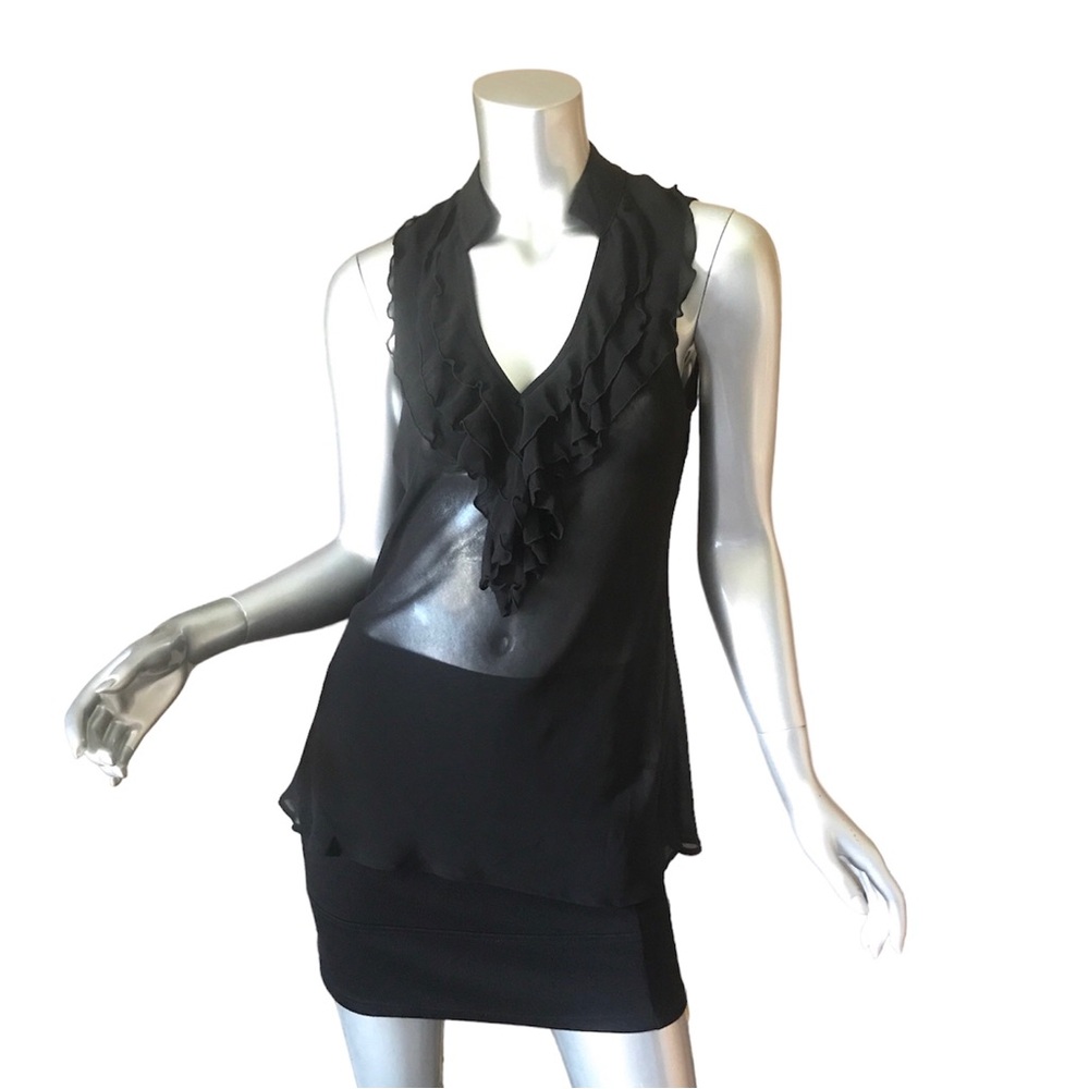 New York & Company Women’s 8 Black Sheer Sleeveless Blouse Ruffle V Neck Top